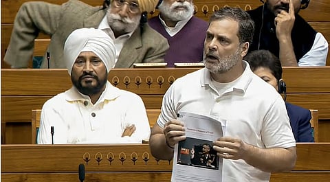 Leader of Opposition in the Lok Sabha Rahul Gandhi speaks in the House during the Budget session of Parliament, in New Delhi, Monday, Feb. 2, 2026.