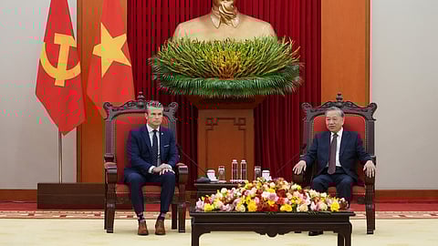 US Defense Secretary Pete Hegseth, left, and General Secretary of Vietnam's Communist Party To Lam talk during a meeting in Hanoi, Vietnam, Nov. 2, 2025.