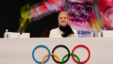 IOC President Kirsty Coventry attends the opening of the IOC Session, ahead of the 2026 Winter Olympics, in Milan, Italy, Tuesday, Feb. 3, 2026.