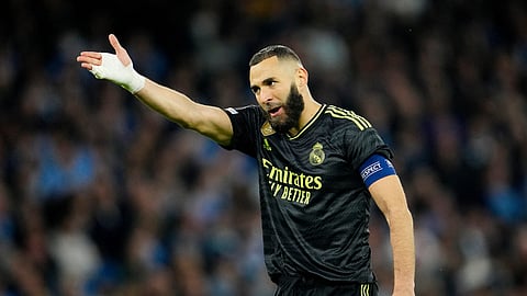 Real Madrid's Karim Benzema gestures during the Champions League semifinal second-leg soccer match between Manchester City and Real Madrid at Etihad Stadium in Manchester, England, May 17, 2023.