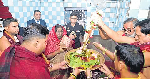 President Droupadi Murmu offering prayers inside Biraja temple in Jajpur