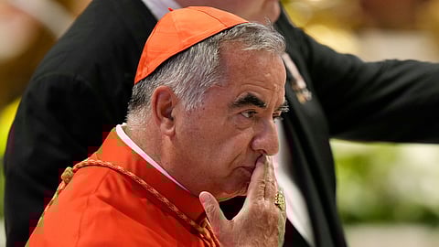Cardinal Angelo Becciu attends the consistory inside St. Peter's Basilica at the Vatican, Aug. 27, 2022.