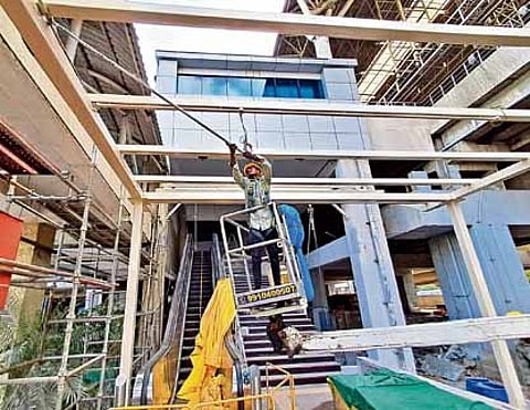 Construction work at the entrance of the Koyambedu Metro station taking place to accommodate the elevated alignment towards Madhavaram