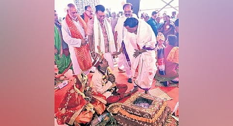 CM Mohan Charan Majhi blessing a newlywed couple at Tara Tarini temple in Ganjam on Tuesday