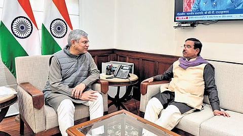 Union Minister Pralhad Joshi during a conversation with Railway Minister Ashwini Vaishnav in New Delhi on Wednesday.
