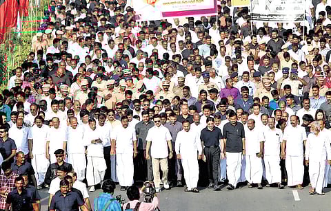 Chief Minister MK Stalin, along with party cadre, taking out a rally in Chennai on Tuesday to pay tributes to CN Annadurai on his death anniversary