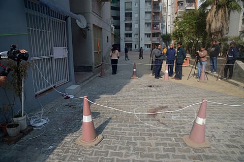 The incident spot where three minor sisters jump to death from ninth floor in a housing society in Ghaziabad on Wednesday