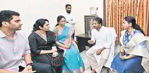 YSRCP chief YS Jagan Mohan Reddy consoles the family members of former minister
Ambati Rambabu in Guntur on Wednesday