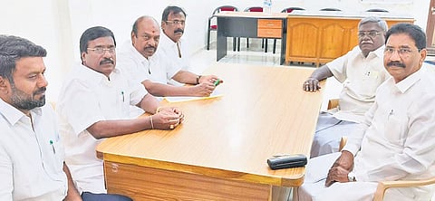 DMK and CPI leaders during initial round of talks in Puducherry on Monday | Express