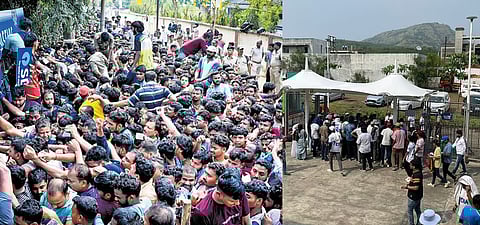 From left: Fans throng Barabati Stadium for tickets, people struggling to get water in Pune during a Test match