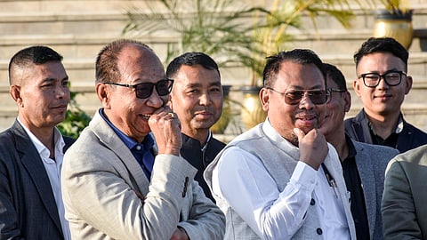 Manipur Governor Ajay Kumar Bhalla, right, with Chief Minister Yumnam Khemchand Singh during the seventh session of the 12th Manipur Legislative Assembly, in Imphal, Thursday, Feb. 5, 2026.
