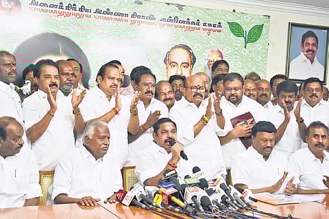 AIADMK general secretary Edappadi K Palaniswami talking to reporters in Chennai after chairing the meeting of district secretaries.