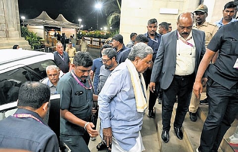 Chief Minister Siddaramaiah arrives to attend the cabinet meeting in Vidhana Soudha in Benglauru on Thursday.