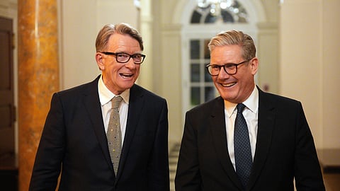 British Prime Minister Keir Starmer, right, talks with Britain's ambassador to the United States Peter Mandelson during a welcome reception at the ambassador's residence on Wednesday, Feb. 26, 2025, in Washington.