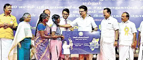 CM MK Stalin distributing assistance in Villupuram on Wednesday.