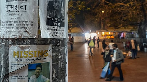 Posters of missing people put up on an electrical pole, in New Delhi, Wednesday, Feb. 4, 2026. In the first 15 days of 2026, more than 800 people were reported missing in Delhi, with women and girls accounting for nearly two-thirds of the cases, according to official data from Delhi Police.