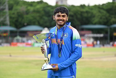 Ayush Mhatre poses with the U19 World Cup trophy