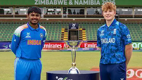 India skipper Ayush Mhatre (L) and his England counterpart Thomas Rew