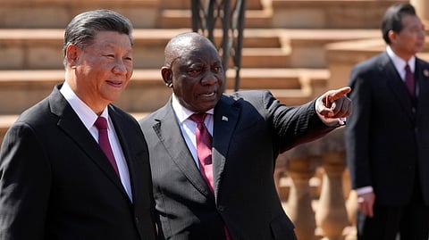 South Africa's President Cyril Ramaphosa, right, with Chinese President Xi Jinping during a state visit at Union Building in Pretoria, South Africa, Tuesday, Aug. 22, 2023.