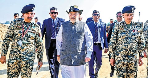 Union Home Minister Amit Shah with security personnel during a visit at the ‘Gurnam’ outpost located on the India-Pakistan border in Jammu and Kashmir.