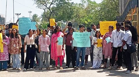 Students pursuing Social Work at the University of Madras staged a protest