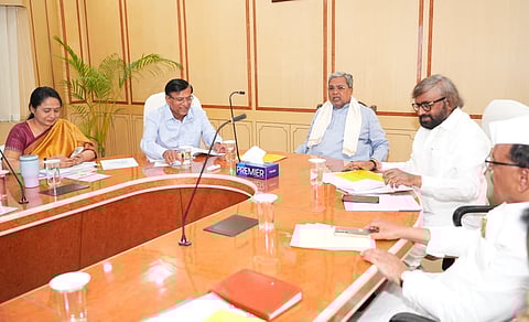 CM Siddaramaiah during the 2026-27 budget pre-meeting at Shakti Bhavan, first holding a meeting with the Forest and Environment Department. Minister Eshwar Khandre is also present