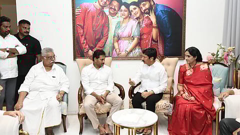 YSRCP Chief YS Jagan Mohan Reddy consoles former minister Jogi Ramesh at the latter’s residence in Ibrahimpatnam on Friday.