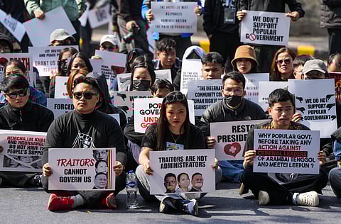 Members of the Kuki Students Organisation Delhi & NCR stage a protest at Jantar Mantar demanding justice, rehabilitation and accountability for victims of ethnic violence in Manipur and that Kuki-Zo MLAs be involved in government formation only thereafter, in New Delhi.
