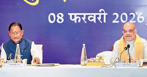 Union Home Minister Amit Shah with Chhattisgarh Chief Minister Vishnu Deo Sai during a review meeting on anti-Naxal operations in Raipur on Sunday.