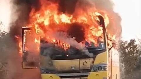 A private school bus caught fire while it was moving on the road at the Jookal village outskirts under the Chityal police station limits on Saturday morning.