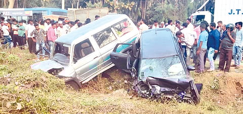 The mangled remains of the two cars, which collided at Banavara gate near Tumakuru on Sunday.