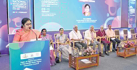 Higher Education Minister R Bindu speaking after releasing ‘ Kerala Research & Development Vision for Higher Education: Towards 2031 and Beyond’ at a policy conclave held as part of the National Research Conference 2026