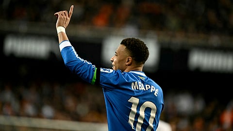 Real Madrid's Kylian Mbappe gestures during the Spanish league football match between Valencia CF and Real Madrid CF at Mestalla Stadium in Valencia on February 8, 2026.