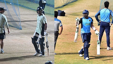 Players from New Zealand (R) and UAE (L) practice at MA Chidambaram Stadium on Monday