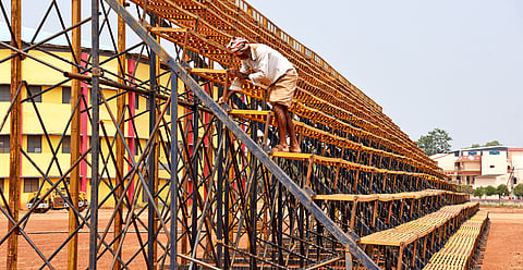 Preparatory works such as construction of temporary spectator gallery to house 3,000 people, vadivasal are underway in the four-acre stadium at Khajamalai in Tiruchy