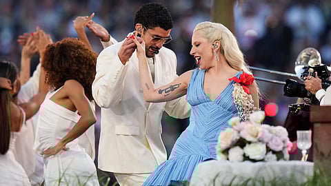 Bad Bunny and Lady Gaga perform during halftime of the NFL Super Bowl 60 football game between the New England Patriots and the Seattle Seahawks, Sunday, Feb. 8, 2026, in Santa Clara, Calif.