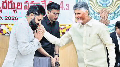 Deputy Chief Minister K Pawan Kalyan greets Chief Minister N Chandrababu Naidu at the third Conference of Ministers and Secretaries at the Secretariat.