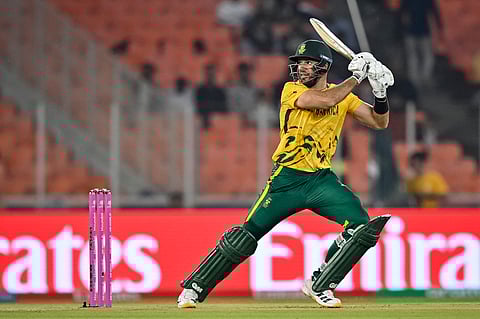 South Africa's captain Aiden Markram plays a shot during the 2026 ICC Men's T20 Cricket World Cup group stage match between South Africa and Canada at the Narendra Modi Stadium in Ahmedabad.