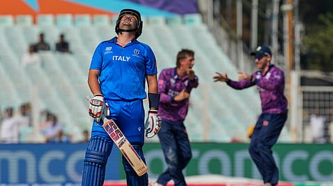 Italy's Benjamin Manenti reacts after his wicket against Scotland on Monday