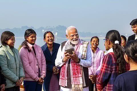 In this image released on Feb. 9, 2026, Prime Minister Narendra Modi interacts with students during 'Pariksha Pe Charcha 2026 with PM', in New Delhi.