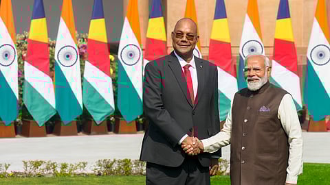Prime Minister Narendra Modi with President of Seychelles Patrick Herminie prior to their meeting at the Hyderabad House, in New Delhi, Monday, Feb. 9, 2026