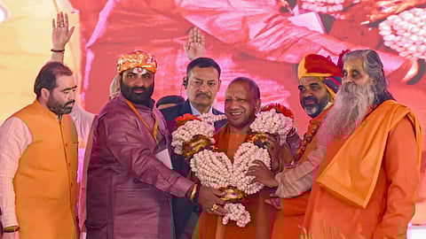 Uttar Pradesh Chief Minister Yogi Adityanath participates in the Dasham Shri Hanuman Virat Mahayagna and Shri Ramaarcha Puja at Shri Ram Janaki Temple, in Barabanki district, Tuesday, Feb. 10, 2026.