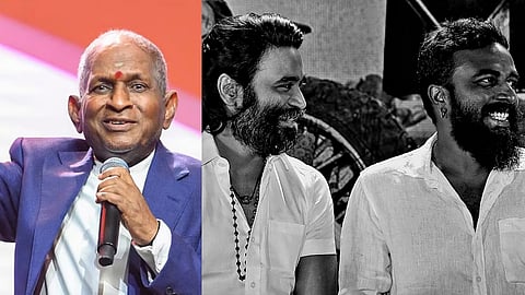Ilaiyaraaja (L), Dhanush and Arun Matheswaran (R)