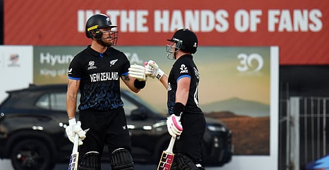 New Zealand openers Finn Allen and Time Seifert (R) during the match against UAE in Chennai on Tuesday