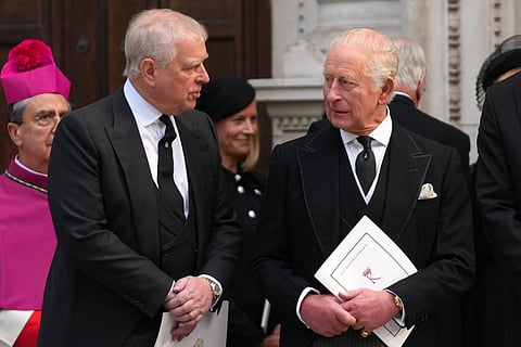 Britain's Prince Andrew, left, and Britain's King Charles III leave after the Requiem Mass service for the Duchess of Kent at Westminster Cathedral in London, Sept. 16, 2025.