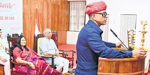 Brigadier Saurabh Singh Shekhawat delivering the lecture at the Lok Bhavan on Monday. Governor Rajendra Arlekar and his wife Anagha Arlekar are also seen.