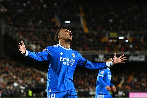 Real Madrid's Kylian Mbappe reacts during the Spanish La Liga soccer match between Valencia and Real Madrid.