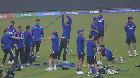 India players practice at the Arun Jaitley Stadium on Tuesday