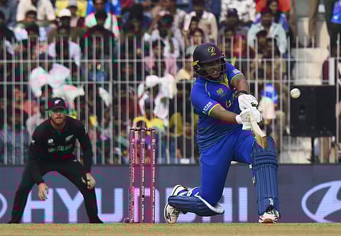 UAE batter Alishan Sharafu (R) in action against New Zealand on Tuesday