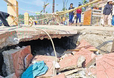 The damaged walkways at Kovalam beach, washed away during the last monsoon, remain unrepaired.